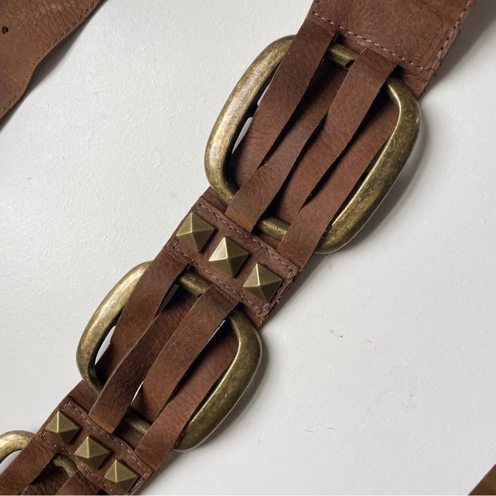 Leatherock Brown Leather Belt Brass Metal Accents Studs 36